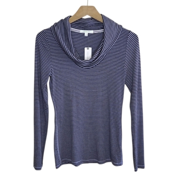 Anthropologie Pure + Good | Navy Blue Lavender Purple Striped Cowl Neck Top - Picture 1 of 7